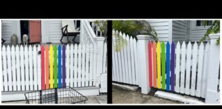 Two photos of a white picket fence with rainbow-colored vertical slats arranged from red to purple; left image shows a dog by the door and porch furniture, right image shows the same fence with greenery nearby.