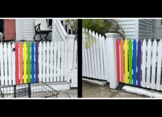 Two photos of a white picket fence with rainbow-colored vertical slats arranged from red to purple; left image shows a dog by the door and porch furniture, right image shows the same fence with greenery nearby.