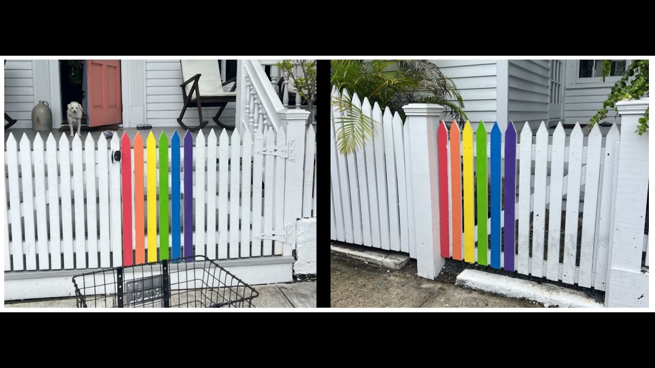 Two photos of a white picket fence with rainbow-colored vertical slats arranged from red to purple; left image shows a dog by the door and porch furniture, right image shows the same fence with greenery nearby.