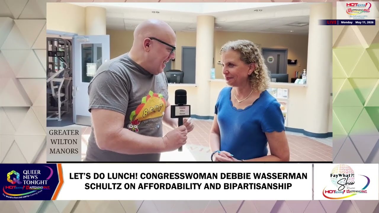 Reporter interviews a woman in a blue blouse in a lobby; on-screen banner mentions affordability and bipartisanship.