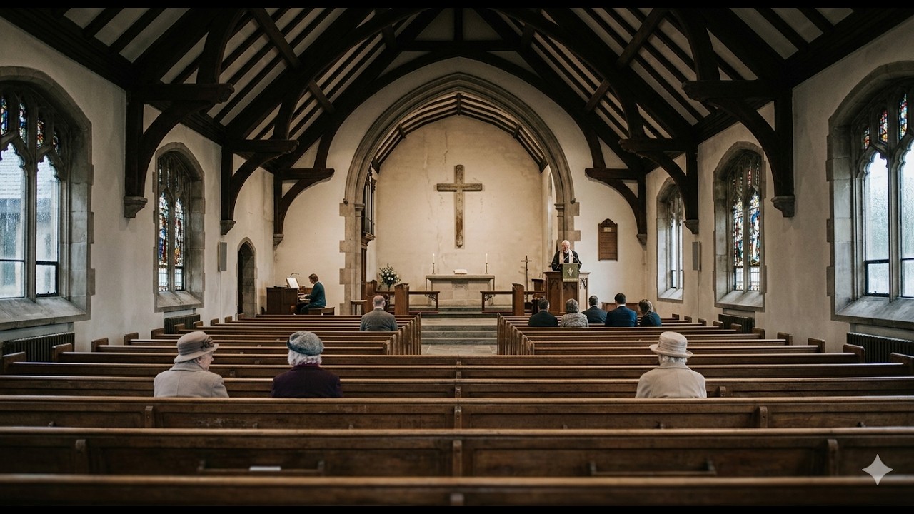 LGBTQ+ Christians Leaving Churches as Anti-Gay Policies Drive Faith Shift Across the U.S. Inside a church with wooden pews and dark beams, a preacher stands at the pulpit near the illuminated altar cross.