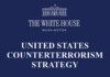 White House logo with the words UNITED STATES COUNTERTERRORISM STRATEGY on a navy blue background.