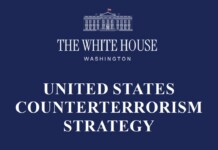 White House logo with the words UNITED STATES COUNTERTERRORISM STRATEGY on a navy blue background.