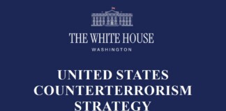 White House logo with the words UNITED STATES COUNTERTERRORISM STRATEGY on a navy blue background.