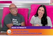 Two hosts sit on bright pink chairs during a talk-show segment; purple and orange captions promote emailing Fay What? for questions.