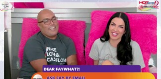 Two hosts sit on bright pink chairs during a talk-show segment; purple and orange captions promote emailing Fay What? for questions.