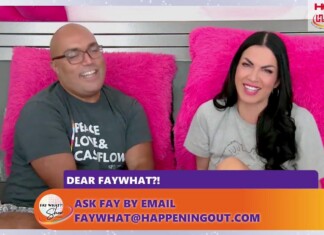 Two hosts sit on bright pink chairs during a talk-show segment; purple and orange captions promote emailing Fay What? for questions.