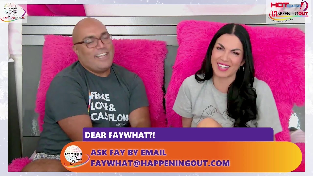 Two hosts sit on bright pink chairs during a talk-show segment; purple and orange captions promote emailing Fay What? for questions.