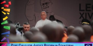 Pope in white robes addressing a crowd at an event; banner below mentions justice reform in Equatorial Guinea and prisoners 'You Are Not Alone'.