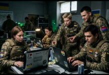 Group of Ukrainian soldiers in a dim control room collaborating on laptops with patches and stickers visible on gear.