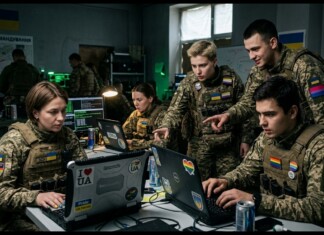 Group of Ukrainian soldiers in a dim control room collaborating on laptops with patches and stickers visible on gear.
