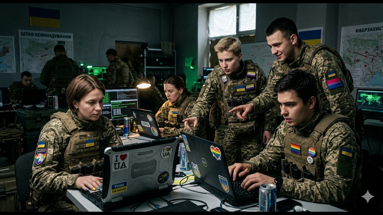 Group of Ukrainian soldiers in a dim control room collaborating on laptops with patches and stickers visible on gear.