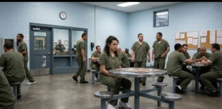 Inmates in green uniforms sit and stand in a prison cafeteria, with a woman seated alone at a round table in the foreground.