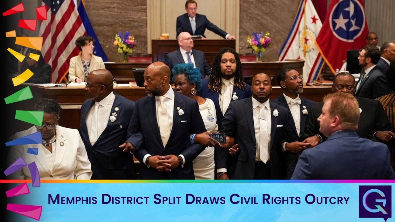 Diverse group of suited officials standing in a legislative chamber with a speaker at the podium, captioned ‘Memphis District Split Draws Civil Rights Outcry.’