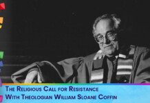 Promotional banner for a talk by theologian William Sloane Coffin: title reads 'The Religious Call for Resistance' with a black-and-white portrait and colorful left-side shapes.