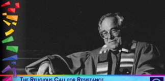 Promotional banner for a talk by theologian William Sloane Coffin: title reads 'The Religious Call for Resistance' with a black-and-white portrait and colorful left-side shapes.