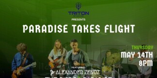 Poster for a live music event: Paradise Takes Flight on a stage with a band performing, Triton Studios presents, Thursday May 14th at 8pm, featuring Alexander Zenoz and The Birds of Paradise.