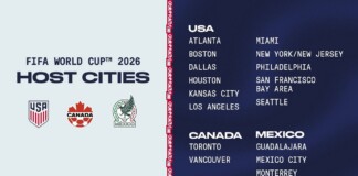 FIFA World Cup 2026 host cities poster: USA cities listed on the left, Canada and Mexico on the right, with country logos bottom left.