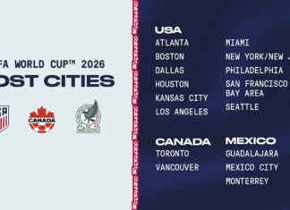 FIFA World Cup 2026 host cities poster: USA cities listed on the left, Canada and Mexico on the right, with country logos bottom left.