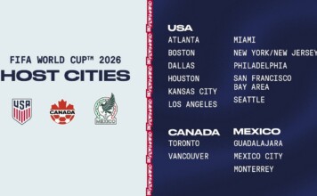 FIFA World Cup 2026 host cities poster: USA cities listed on the left, Canada and Mexico on the right, with country logos bottom left.