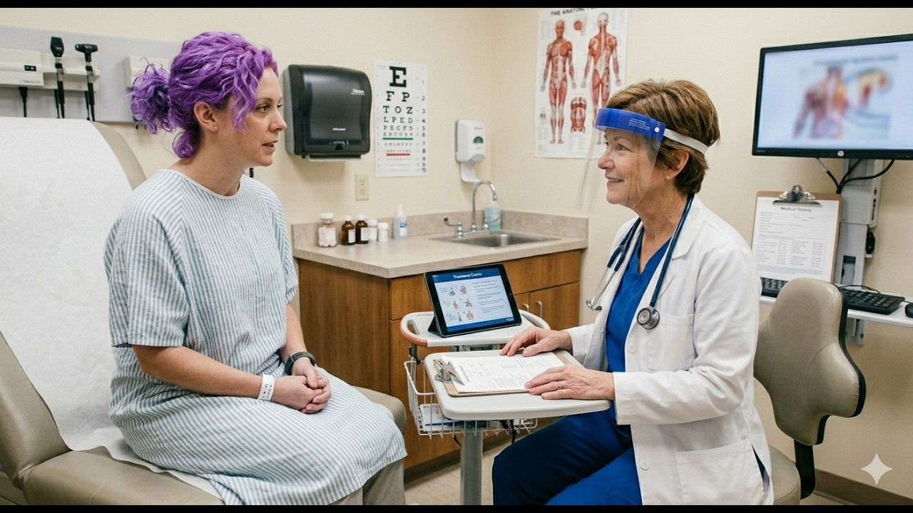 Federal Prosecutors Seek NYU Langone Records on Trans Youth Gender-Affirming Care Patient with purple hair sits on a medical exam chair wearing a light striped gown while a doctor in blue scrubs and a face shield reviews notes at a mobile cart in a clinic examination room.