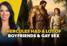 Thumbnail showing a smiling woman on the left and a classical painting of Hercules with a young man on the right, overlaid with bold yellow and white text about his relationships.