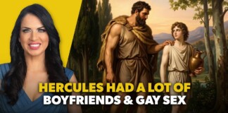 Thumbnail showing a smiling woman on the left and a classical painting of Hercules with a young man on the right, overlaid with bold yellow and white text about his relationships.