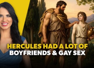 Thumbnail showing a smiling woman on the left and a classical painting of Hercules with a young man on the right, overlaid with bold yellow and white text about his relationships.