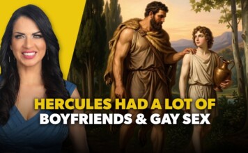 Thumbnail showing a smiling woman on the left and a classical painting of Hercules with a young man on the right, overlaid with bold yellow and white text about his relationships.