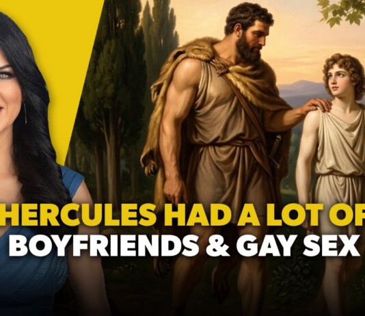 Thumbnail showing a smiling woman on the left and a classical painting of Hercules with a young man on the right, overlaid with bold yellow and white text about his relationships.