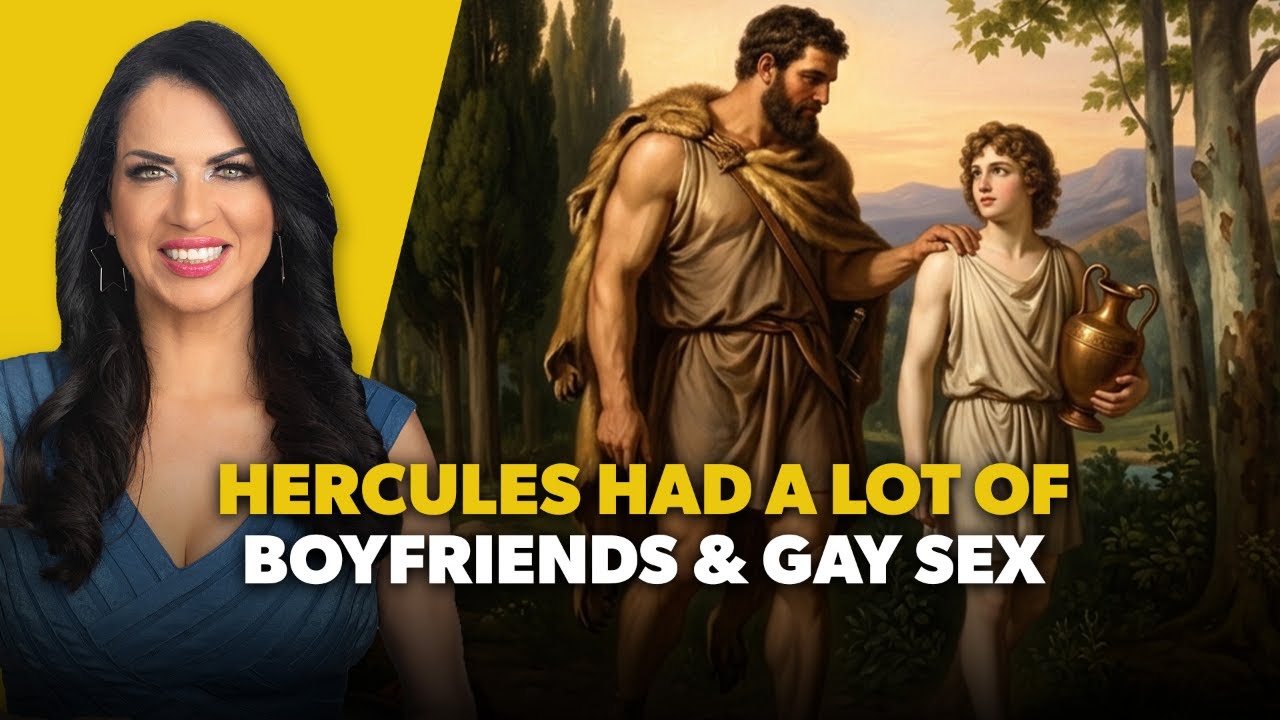 Thumbnail showing a smiling woman on the left and a classical painting of Hercules with a young man on the right, overlaid with bold yellow and white text about his relationships.