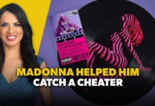 Thumbnail with a smiling woman on a yellow background beside a large vinyl record and bold caption: 'MADONNA HELPED HIM CATCH A CHEATER'.