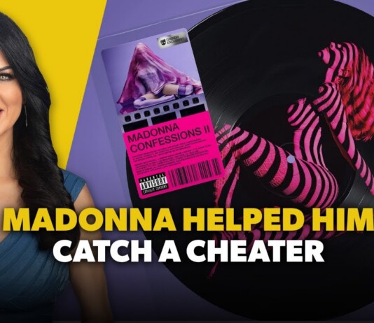 Thumbnail with a smiling woman on a yellow background beside a large vinyl record and bold caption: 'MADONNA HELPED HIM CATCH A CHEATER'.