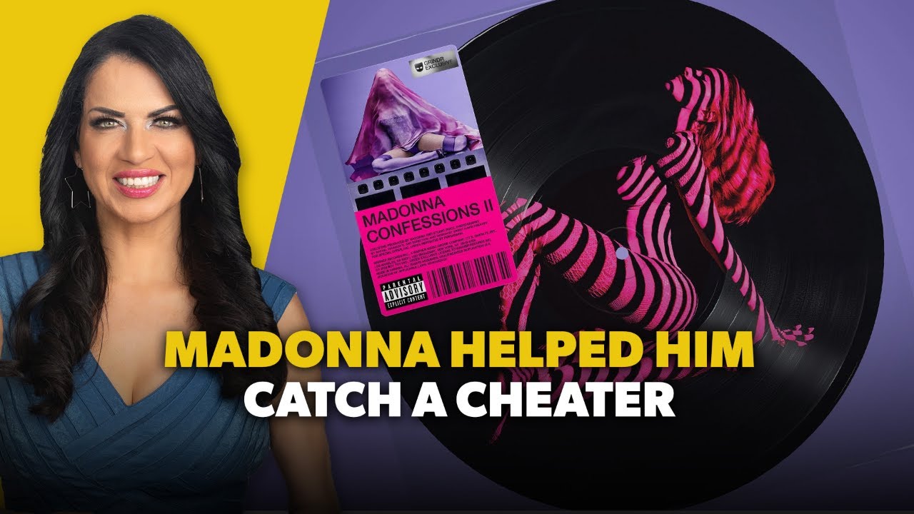 Thumbnail with a smiling woman on a yellow background beside a large vinyl record and bold caption: 'MADONNA HELPED HIM CATCH A CHEATER'.