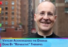 Smiling priest in clerical collar against a city background, with rainbow border decorations and a banner about reparative therapies being criticized by the Vatican.