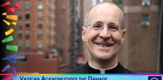 Smiling priest in clerical collar against a city background, with rainbow border decorations and a banner about reparative therapies being criticized by the Vatican.