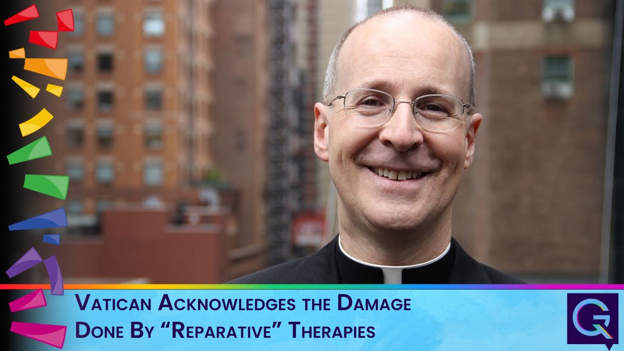 Smiling priest in clerical collar against a city background, with rainbow border decorations and a banner about reparative therapies being criticized by the Vatican.