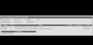 Arrest record for Andrew Sheets: booking 05/09/2026, age 61, agency NPD, two charges and bond status shown on the form