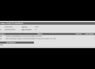 Arrest record for Andrew Sheets: booking 05/09/2026, age 61, agency NPD, two charges and bond status shown on the form