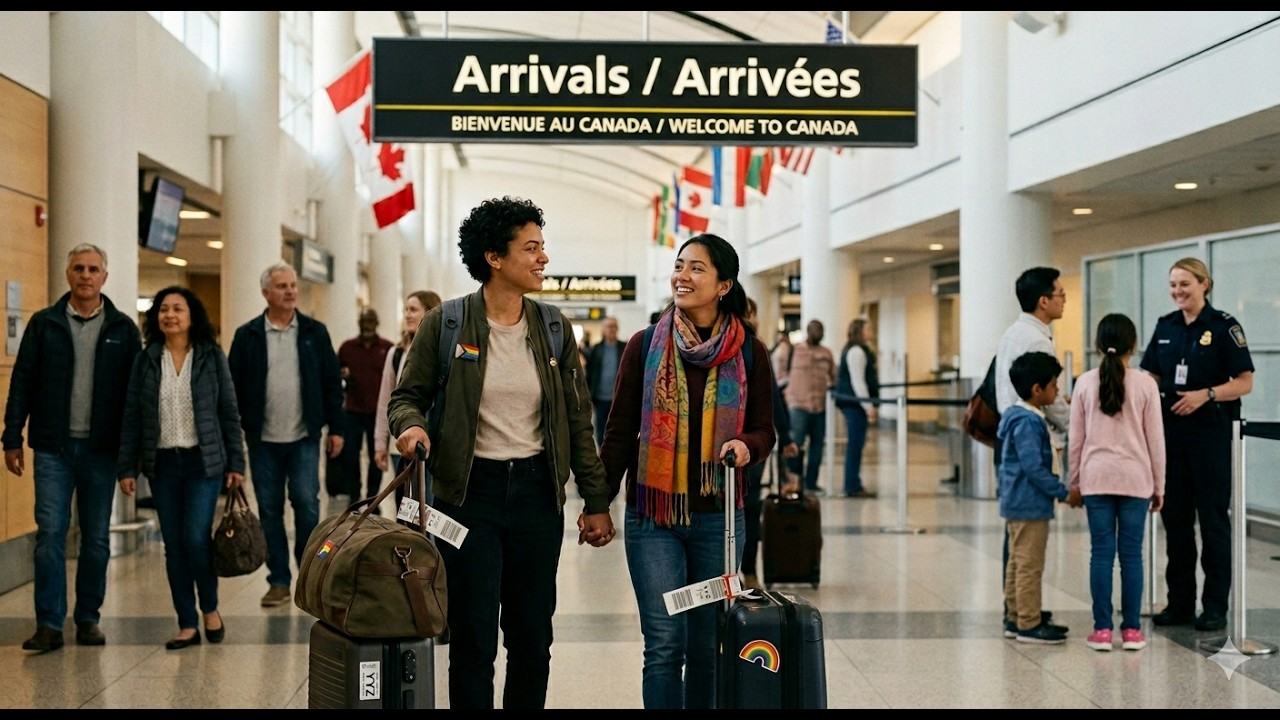 Canada Asylum Reform Sparks Deportation Fears Among LGBTQ+ Refugee Claimants Two travelers walk hand in hand with rolling suitcases through a busy airport arrivals hall, smiling as they go.