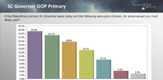 Bar chart of SC Governor GOP Primary poll results: Evette 25.2%, Wilson 23.1%, Norman 19.6%, Mace 15.2%, Reddy 10.1%, Kimbrell 4.2%, Dubose 2.7%.