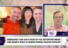 TV news broadcast screenshot showing a three-person image on the left with 'MARGARET CHO' and '#119', and a male anchor on the right; bottom headline reads 'MARGARET CHO SAYS FEAR OF ICE DETENTION MADE HER REJECT ROLE IN QUEER SERIES HEATED RIVALRY'
