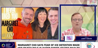 TV news broadcast screenshot showing a three-person image on the left with 'MARGARET CHO' and '#119', and a male anchor on the right; bottom headline reads 'MARGARET CHO SAYS FEAR OF ICE DETENTION MADE HER REJECT ROLE IN QUEER SERIES HEATED RIVALRY'