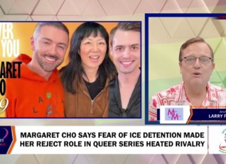 TV news broadcast screenshot showing a three-person image on the left with 'MARGARET CHO' and '#119', and a male anchor on the right; bottom headline reads 'MARGARET CHO SAYS FEAR OF ICE DETENTION MADE HER REJECT ROLE IN QUEER SERIES HEATED RIVALRY'