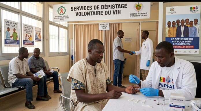 Senegal Hiv Care Drops 25% As Anti-LGBTQ Arrests Drive Patients Away From Treatment Centers HIV testing center scene: a nurse in gloves prepares a rapid test for a man sitting at a table, with a large HIV testing banner behind them and people waiting nearby.
