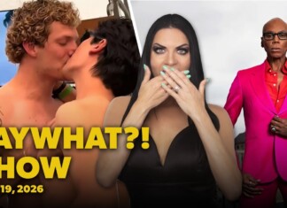 Collage thumbnail for 'FAY WHAT?! SHOW' featuring two shirtless men kissing on the left, a surprised woman in a black dress covering her mouth in the center, and a man in a bright pink suit on the right; text reads May 19, 2026.