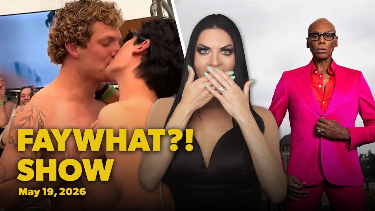 Collage thumbnail for 'FAY WHAT?! SHOW' featuring two shirtless men kissing on the left, a surprised woman in a black dress covering her mouth in the center, and a man in a bright pink suit on the right; text reads May 19, 2026.