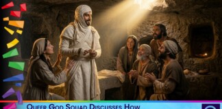 Group of people in ancient robes in a dim cave, a central figure in white stands as others look on; bottom banner states the video title about the resurrection.