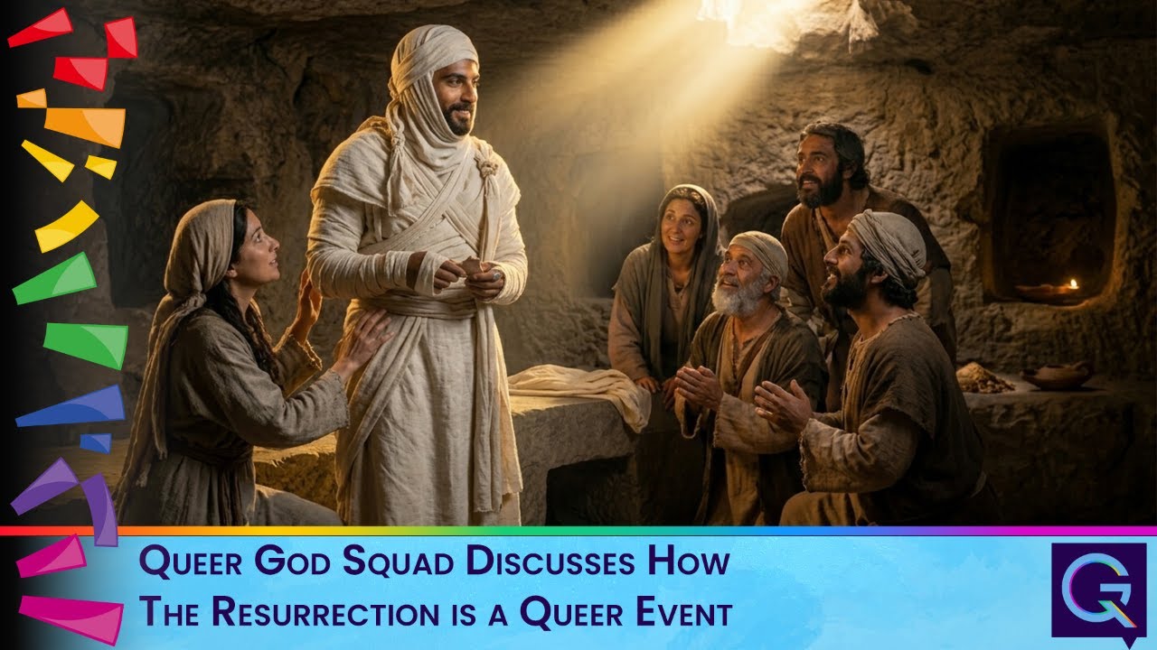 Group of people in ancient robes in a dim cave, a central figure in white stands as others look on; bottom banner states the video title about the resurrection.