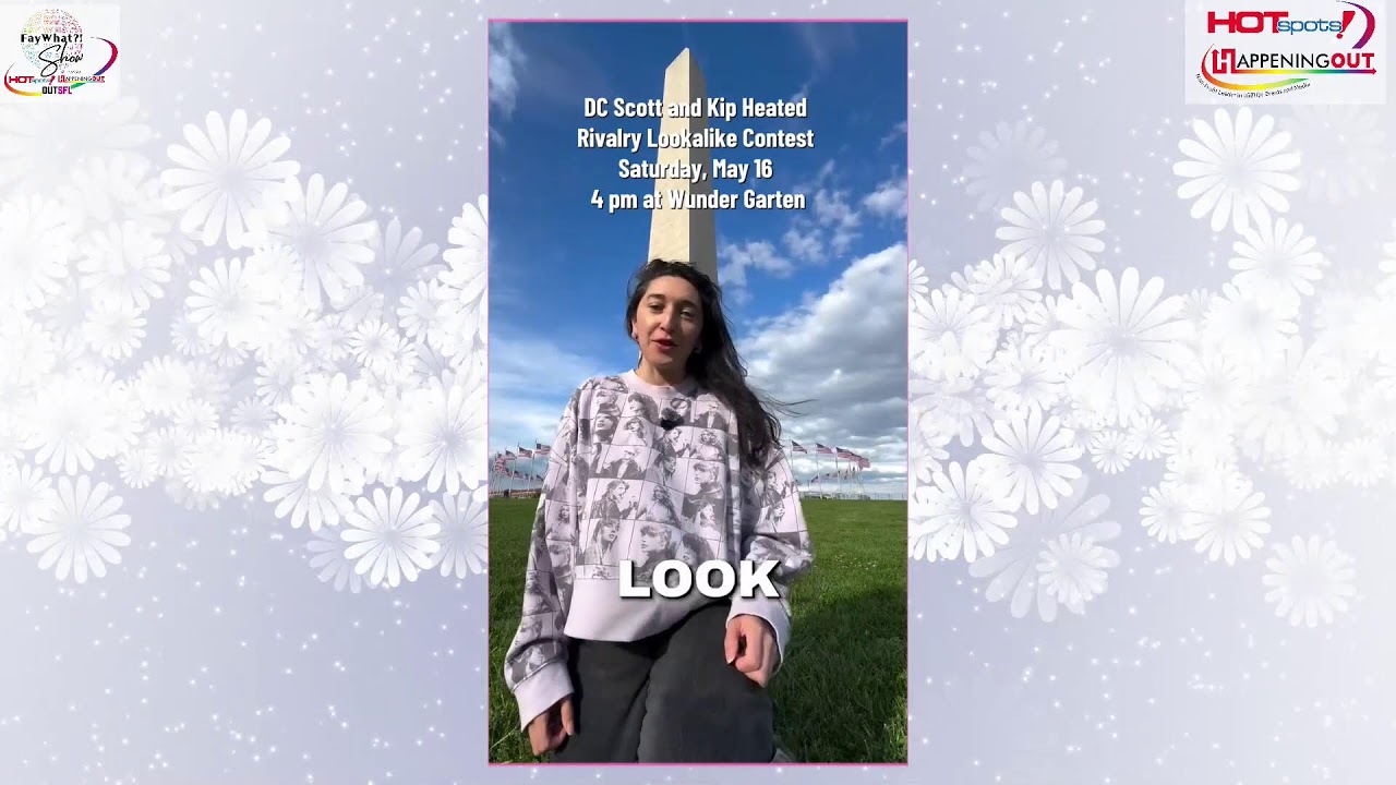 Heated Rivalry Fans Are Dating Now Woman in a patterned sweater stands outdoors on a grassy field with a tall obelisk; overlaid text promotes a rivalry lookalike contest and logos.
